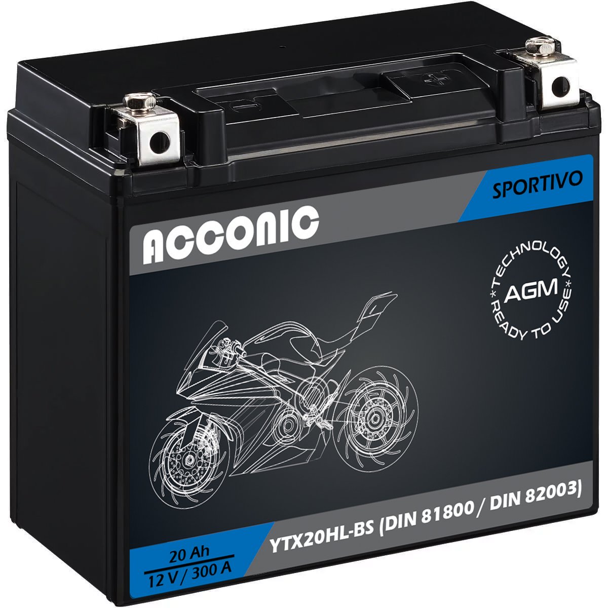 ACCONIC Sportivo AGM YTX20HL-BS Motorradbatterie 20Ah 12V (DIN 81800 / DIN 82003)